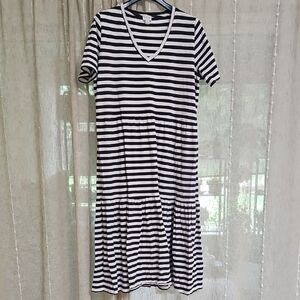 J. Crew Casual Navy and White Striped Cotton Midi Dress